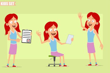 Çizgi film düz komik, kızıl saçlı, mor etekli kız karakteri. Çocuk not okuyor ve Mark 'la liste yapıyor. Animasyon için hazır. Yeşil arka planda izole edilmiş. Vektör seti.