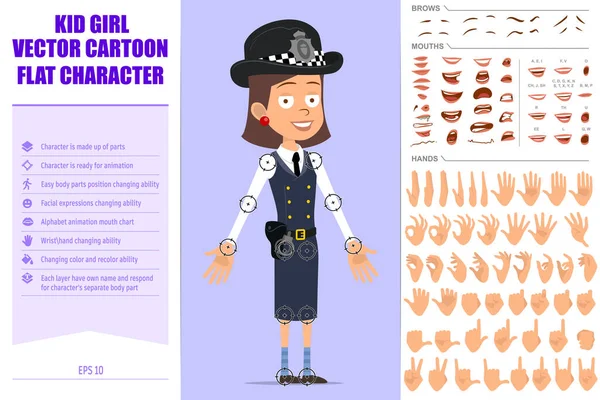 Cartoon Platte Britse Politieagent Meisje Karakter Helm Hoed Uniform Klaar — Stockvector