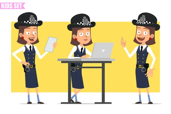 Cartoon Flat Funny British Policeman Girl Character Helmet Hat Uniform — Stock Vector