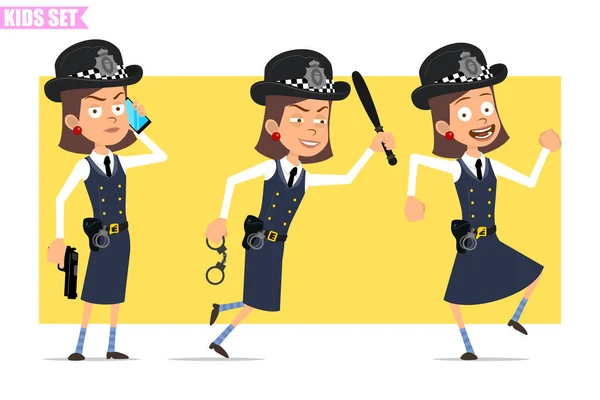 Cartoon Plochý Legrační Britský Policista Dívka Postava Helmě Klobouk Uniformu — Stockový vektor