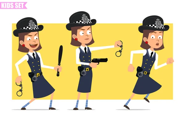 Cartoon Flat Funny British Policeman Girl Character Helmet Hat Uniform — Stock Vector