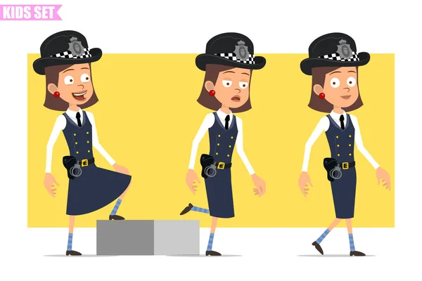 Cartoon Flat Funny British Policeman Girl Character Helmet Hat Uniform — Stock Vector