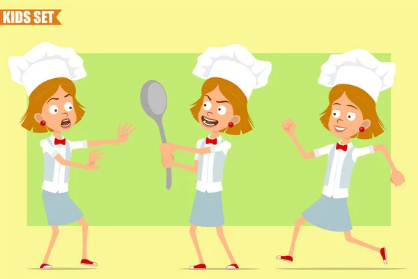 Desenhos Animados Pequeno Chef Engraçado Cozinhar Personagem Menina Uniforme Branco —  Vetores de Stock