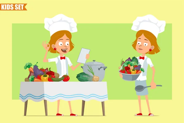Cartoon Επίπεδη Αστείο Μικρό Σεφ Μάγειρας Κορίτσι Χαρακτήρα Λευκή Στολή — Διανυσματικό Αρχείο