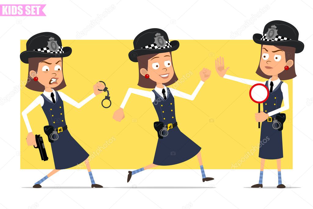 Cartoon flat funny british policeman girl character in helmet hat and uniform. Ready for animation. Kid running with pistol and handcuffs, holding stop sign. Isolated on yellow background. Vector set.
