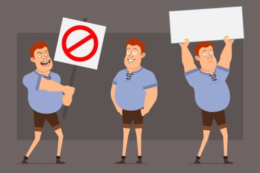 Çizgi film düz komik, kızıl saçlı, mavi tişörtlü şişman çocuk. Canlandırmaya hazırız. İsyancı çocuk durdu, giriş yok ve boş tabela yok. Gri arka planda izole edilmiş. Büyük vektör simgesi kümesi.