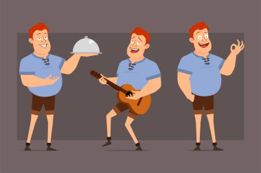 Çizgi film düz komik, kızıl saçlı, mavi tişörtlü şişman çocuk. Canlandırmaya hazırız. Garson çocuk tepsiyle gitar çalıyor ve işaret veriyor. Gri arka planda izole edilmiş. Büyük vektör simgesi kümesi.