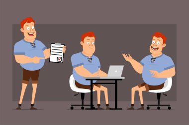 Çizgi film düz komik, kızıl saçlı, mavi tişörtlü şişman çocuk. Canlandırmaya hazırız. Çocuk dizüstü bilgisayarda çalışıyor, tablet ve dinlenme listesi için bekliyor. Gri arka planda izole edilmiş. Büyük vektör simgesi kümesi.