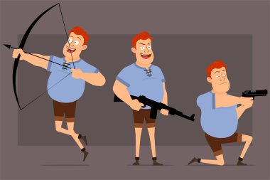 Çizgi film düz komik, kızıl saçlı, mavi tişörtlü şişman çocuk. Canlandırmaya hazırız. Gülümseyen çocuk silahla, tüfekle, yayla ateş ediyor. Gri arka planda izole edilmiş. Büyük vektör simgesi kümesi.