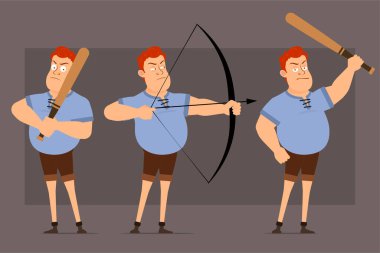 Çizgi film düz komik, kızıl saçlı, mavi tişörtlü şişman çocuk. Canlandırmaya hazırız. Ciddi çocuk yayla ateş ediyor ve elinde tahta beyzbol sopası tutuyor. Gri arka planda izole edilmiş. Büyük vektör simgesi kümesi.