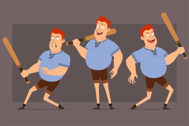 Çizgi film düz komik, kızıl saçlı, mavi tişörtlü şişman çocuk. Canlandırmaya hazırız. Kızgın çocuk ayakta duruyor ve tahta beyzbol sopasıyla dövüşüyor. Gri arka planda izole edilmiş. Büyük vektör simgesi kümesi.