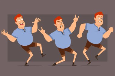 Çizgi film düz komik, kızıl saçlı, mavi tişörtlü şişman çocuk. Animasyonlara hazırım. Rock 'n Roll' cu çocuk zıplıyor ve dans ediyor. Gri arka planda izole edilmiş. Büyük vektör simgesi kümesi.