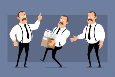 Çizgi film düz komik, şişman, bıyıklı ve siyah kravatlı bir ofis çalışanı. Animasyon için hazır. Bir kutu kağıt taşıyan ve el sıkışan bir adam. Mavi arka planda izole edilmiş. Vektör simgesi ayarlandı.