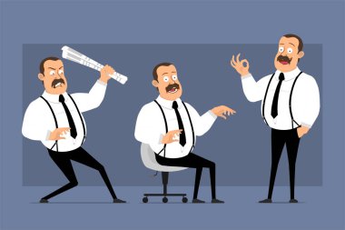 Çizgi film düz komik, şişman, bıyıklı ve siyah kravatlı bir ofis çalışanı. Animasyon için hazır. Deli adam gazeteyle kavga ediyor ve iyi bir jest yapıyor. Mavi arka planda izole edilmiş. Vektör simgesi ayarlandı.