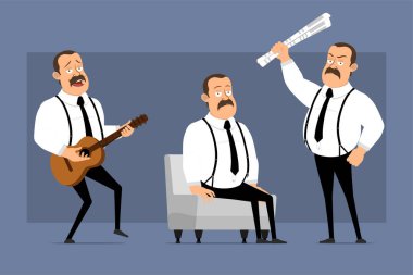 Çizgi film düz komik, şişman, bıyıklı ve siyah kravatlı bir ofis çalışanı. Animasyon için hazır. Adam gitar çalıyor ve kanepede dinleniyor. Mavi arka planda izole edilmiş. Vektör simgesi ayarlandı.