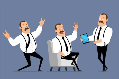 Çizgi film düz komik, şişman, bıyıklı ve siyah kravatlı bir ofis çalışanı. Animasyon için hazır. Adam yeni tablet ve rock 'n roll hareketi gösteriyor. Mavi arka planda izole edilmiş. Vektör simgesi ayarlandı.