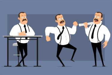 Çizgi film düz komik, şişman, bıyıklı ve siyah kravatlı bir ofis çalışanı. Animasyon için hazır. Dans eden, elinde gazete tutan ve masanın arkasında duran bir adam. Mavi arka planda izole edilmiş. Vektör simgesi ayarlandı.