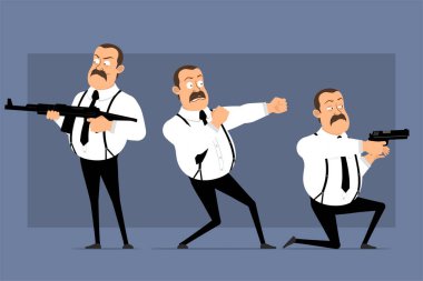 Çizgi film düz komik, şişman, bıyıklı ve siyah kravatlı bir ofis çalışanı. Animasyon için hazır. Sinsi adam dövüşüyor, tabanca ve tüfekle ateş ediyor. Mavi arka planda izole edilmiş. Vektör simgesi ayarlandı.