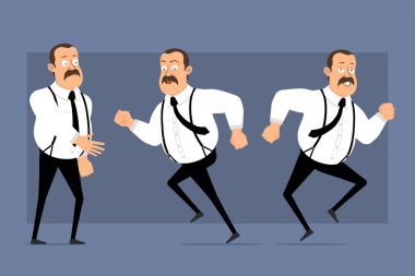 Çizgi film düz komik, şişman, bıyıklı ve siyah kravatlı bir ofis çalışanı. Animasyon için hazır. Adam koşuyor ve el sıkışıyor. Mavi arka planda izole edilmiş. Vektör simgesi ayarlandı.
