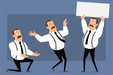 Çizgi film düz komik, şişman, bıyıklı ve siyah kravatlı bir ofis çalışanı. Animasyon için hazır. Adam yere düşüyor, dizlerinin üzerinde duruyor ve elinde boş bir tabela var. Mavi arka planda izole edilmiş. Vektör simgesi ayarlandı.