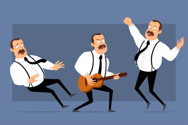 Çizgi film düz komik, şişman, bıyıklı ve siyah kravatlı bir ofis çalışanı. Animasyon için hazır. Adam gitar çalıyor, zıplıyor ve geri çekiliyor. Mavi arka planda izole edilmiş. Vektör simgesi ayarlandı.
