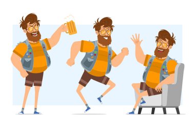 Çizgi film düz komik sakallı şişman hippi karakter kot pantolon ve güneş gözlüğü takıyor. Animasyon için hazır. Çocuk dinleniyor, dans ediyor ve bira tutuyor. Mavi arka planda izole edilmiş. Vektör simgesi ayarlandı.