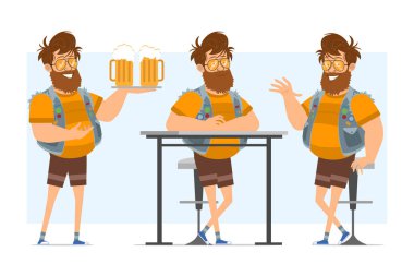 Çizgi film düz komik sakallı şişman hippi karakter kot pantolon ve güneş gözlüğü takıyor. Animasyon için hazır. Çocuk tepside bira tutuyor ve merhaba diyor. Mavi arka planda izole edilmiş. Vektör simgesi ayarlandı.