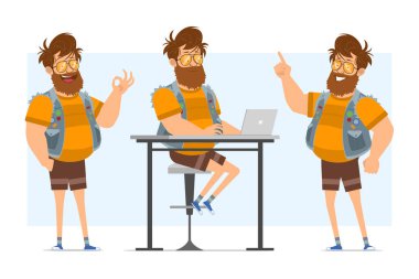 Çizgi film düz sakallı şişman hippi karakter kot pantolon ve güneş gözlüğü takıyor. Animasyon için hazır. Çocuk dizüstü bilgisayarda çalışıyor ve dikkat işareti gösteriyor. Mavi arka planda izole edilmiş. Vektör simgesi ayarlandı.