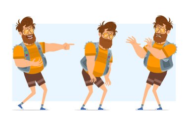 Çizgi film düz komik sakallı şişman hippi karakter kot pantolon ve güneş gözlüğü takıyor. Animasyon için hazır. Çocuk yorgun, geri yürüyor ve gülüyor. Mavi arka planda izole edilmiş. Vektör simgesi ayarlandı.