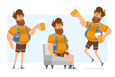 Çizgi film düz komik sakallı şişman hippi karakter kot pantolon ve güneş gözlüğü takıyor. Animasyon için hazır. Çocuk oturuyor, ayakta duruyor ve birayla zıplıyor. Mavi arka planda izole edilmiş. Vektör simgesi ayarlandı.