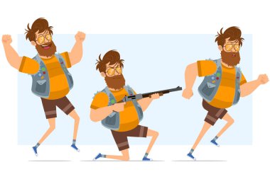 Çizgi film düz komik sakallı şişman hippi karakter kot pantolon ve güneş gözlüğü takıyor. Animasyon için hazır. Çocuk koşuyor, zıplıyor ve tüfekle ateş ediyor. Mavi arka planda izole edilmiş. Vektör simgesi ayarlandı.