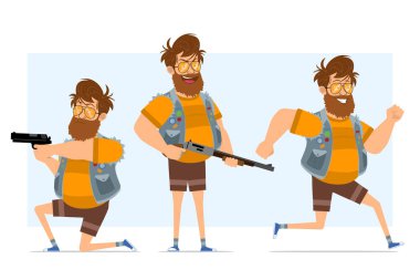 Çizgi film düz sakallı şişman hippi karakter kot pantolon ve güneş gözlüğü takıyor. Animasyon için hazır. Çocuk koşuyor ve av tüfeği ve tabancayla ateş ediyor. Mavi arka planda izole edilmiş. Vektör simgesi ayarlandı.