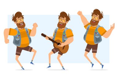Çizgi film düz komik sakallı şişman hippi karakter kot pantolon ve güneş gözlüğü takıyor. Animasyon için hazır. Gitar çalan, dans eden ve zıplayan bir çocuk. Mavi arka planda izole edilmiş. Vektör simgesi ayarlandı.