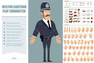 Çizgi film düz komik İngiliz şişman polis karakteri mavi kasklı ve üniformalı. Canlandırmaya hazırız. Yüz ifadelerini, gözlerini, ağzını ve ellerini düzenlemek kolay. Mavi arka planda izole edilmiş. Vektör seti.