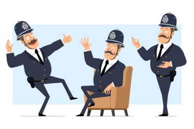 Çizgi film düz komik, kasklı ve üniformalı şişman İngiliz polis karakteri. Çocuk poz veriyor, dinleniyor ve işaret veriyor. Animasyon için hazır. Mavi arka planda izole edilmiş. Vektör seti.