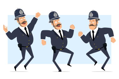Çizgi film düz komik, kasklı ve üniformalı şişman İngiliz polis karakteri. Çocuk zıplayıp dans ediyor. Animasyon için hazır. Mavi arka planda izole edilmiş. Vektör seti.
