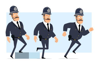 Çizgi film düz komik, kasklı ve üniformalı şişman İngiliz polis karakteri. Başarılı, yorgun çocuk hedefine doğru yürüyor. Animasyon için hazır. Mavi arka planda izole edilmiş. Vektör seti.