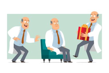 Çizgi film düz komik, kel, beyaz üniformalı, kravatlı doktor. Yeni yıl hediyesi taşıyan bir çocuk. Animasyon için hazır. Yeşil arka planda izole edilmiş. Vektör seti.