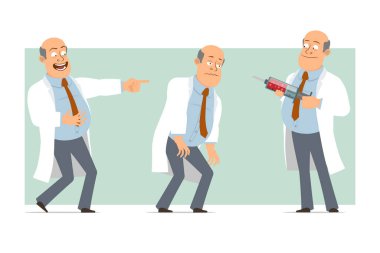 Çizgi film düz komik, kel, beyaz üniformalı, kravatlı doktor. Çocuk yorgun, gülüyor ve elinde şırınga tutuyor. Animasyon için hazır. Yeşil arka planda izole edilmiş. Vektör seti.