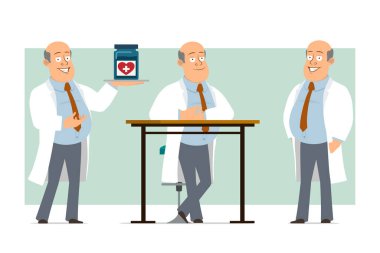 Çizgi film düz komik, kel, beyaz üniformalı, kravatlı doktor. Poz veren ve elinde cam kavanoz tutan bir çocuk. Animasyon için hazır. Yeşil arka planda izole edilmiş. Vektör seti.
