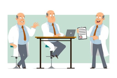 Çizgi film düz komik, kel, beyaz üniformalı, kravatlı doktor. Çocuk dizüstü bilgisayarda çalışıyor ve listeyi bekliyor. Animasyon için hazır. Yeşil arka planda izole edilmiş. Vektör seti.