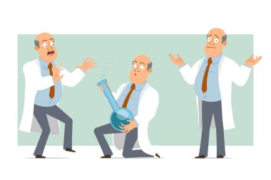 Çizgi film düz komik, kel, beyaz üniformalı, kravatlı doktor. Çocuk korkmuş ve elinde sıvıyla kimyasal bir şişe tutuyor. Animasyon için hazır. Yeşil arka planda izole edilmiş. Vektör seti.