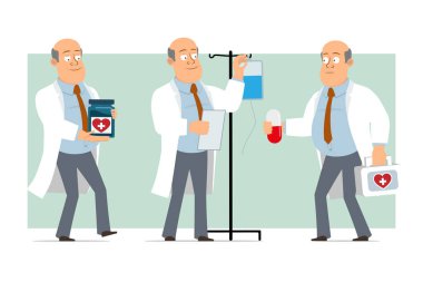Çizgi film düz komik, kel, beyaz üniformalı, kravatlı doktor. Hap taşıyan ve ilk yardım çantası taşıyan bir çocuk. Animasyon için hazır. Yeşil arka planda izole edilmiş. Vektör seti