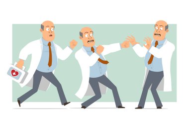 Çizgi film düz komik, kel, beyaz üniformalı, kravatlı doktor. Çocuk ilk yardım çantasıyla dövüşüyor ve koşuyor. Animasyon için hazır. Yeşil arka planda izole edilmiş. Vektör seti.