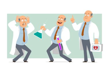 Çizgi film düz komik, kel, beyaz üniformalı, kravatlı doktor. Çocuk korkmuş ve elinde sıvıyla kimyasal şişeler tutuyor. Animasyon için hazır. Yeşil arka planda izole edilmiş. Vektör seti.