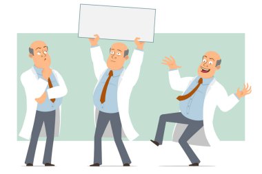 Çizgi film düz komik, kel, beyaz üniformalı, kravatlı doktor. Çocuk atlıyor ve elinde mesaj için boş tabela tutuyor. Animasyon için hazır. Yeşil arka planda izole edilmiş. Vektör seti.