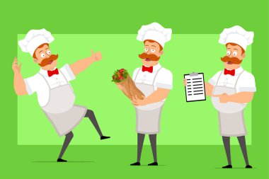 Çizgi film düz komik şişman şef beyaz üniformalı ve fırıncı şapkalı aşçı adam karakteri. Çocuk kebap tutuyor, menü hazırlıyor ve işaret veriyor. Animasyon için hazır. Yeşil arka planda izole edilmiş. Vektör simgesi ayarlandı.