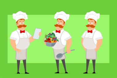 Çizgi film düz komik şişman şef beyaz üniformalı ve fırıncı şapkalı aşçı adam karakteri. Çocuk not okuyor ve elinde sebzelerle kaşık tutuyor. Animasyon için hazır. Yeşil arka planda izole edilmiş. Vektör simgesi ayarlandı.