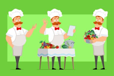 Çizgi filmdeki yassı aşçı, beyaz üniformalı ve fırıncı şapkalı karakter. Çocuk not okuyor ve farklı sebzelerden yemek pişiriyor. Animasyon için hazır. Yeşil arka planda izole edilmiş. Vektör seti.