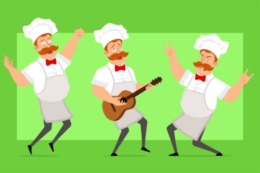 Çizgi film düz komik şişman şef beyaz üniformalı ve fırıncı şapkalı aşçı adam karakteri. Çocuk atlıyor, dans ediyor ve gitarda rock çalıyor. Animasyon için hazır. Yeşil arka planda izole edilmiş. Vektör simgesi ayarlandı.